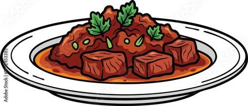 Hearty Stew with Beef Chunks and Parsley Garnish on a White Plate Isolated