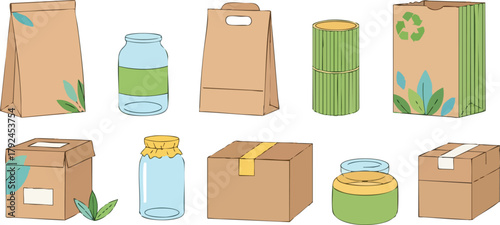 Collection Of Recyclable Packaging Such As Boxes Bags And Jars With Green Leaf Motifs