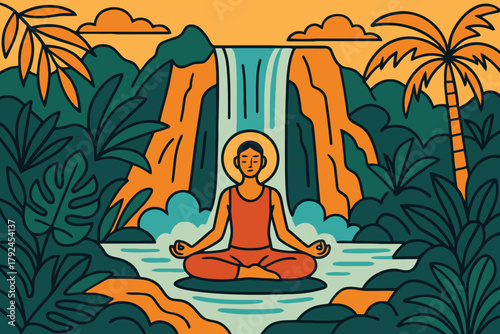 Person meditating peacefully by a serene waterfall in a lush tropical jungle