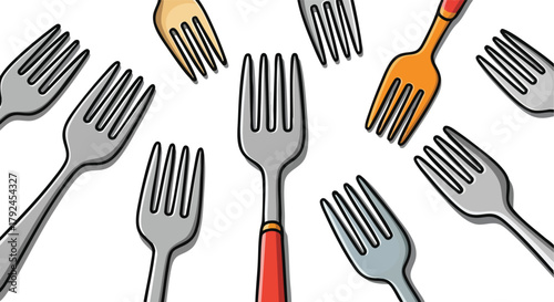 Group Of Assorted Metal Forks Arranged In A Circle With Red Handles And Grey Tines Against A White Background
