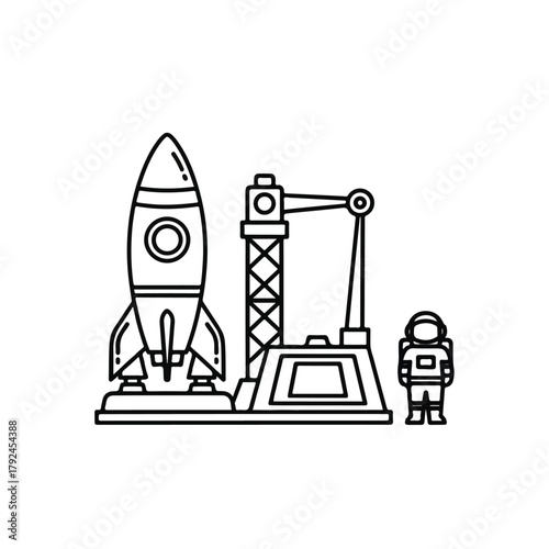 Outline icon of a space rocket on launchpad with gantry and astronaut, symbolizing ambitious cosmic exploration and future space travel