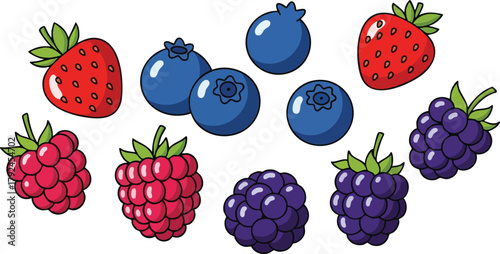 Pixel Art Collection of Fresh Red Strawberries Blue Blueberries Pink Raspberries and Purple Blackberries On A White Background