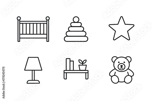 Minimalist baby room icons: crib, stacking rings, star, lamp, shelf, teddy bear
