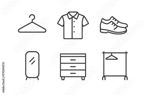 Minimalist fashion and furniture icons: hanger, shirt, shoes, mirror, dresser, rack