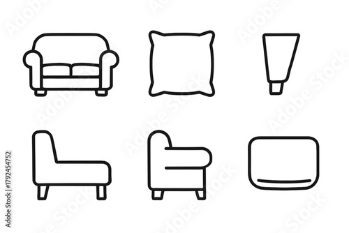 Minimalist furniture icons: sofa, cushion, tube, chair, armchair, ottoman collection