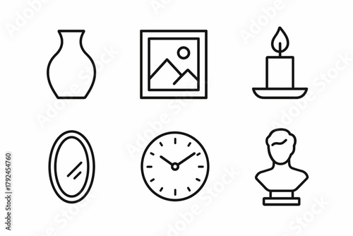 Minimalist line art icons of vase, picture, candle, mirror, clock, bust