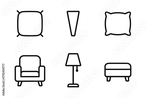 Minimalist icon set: furniture and decor elements in black and white