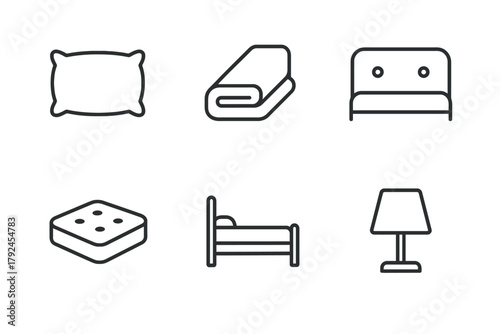 Minimalistic icon set of bedroom essentials: pillow, blanket, sofa, mattress, bed, lamp