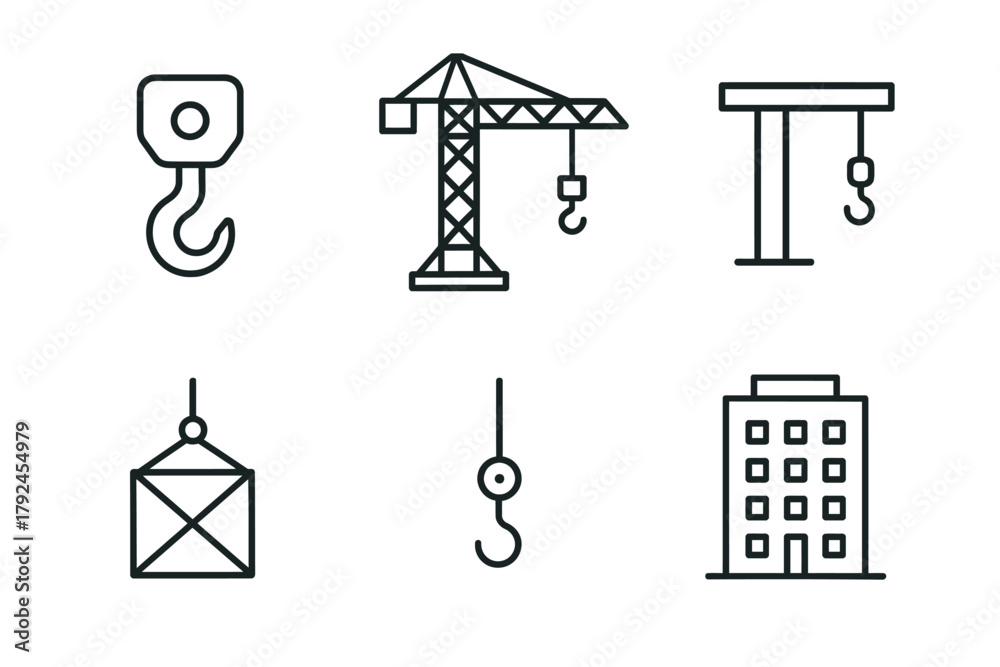 Fototapeta premium Construction icons: crane, hook, building designs in simple line art