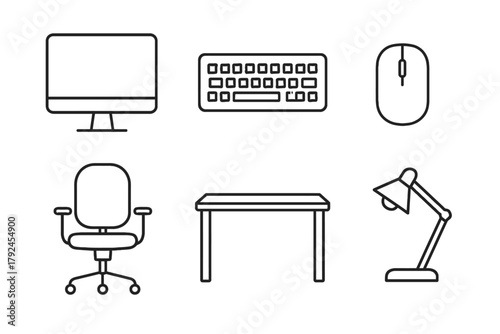 Outline of computer, keyboard, mouse, office chair, desk, and desk lamp