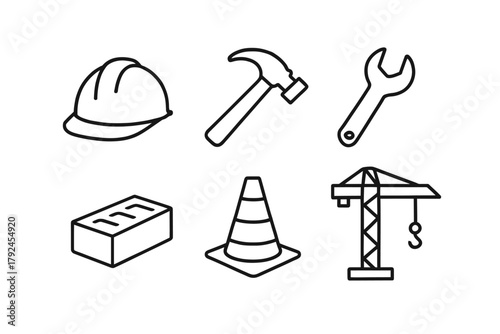 Construction tools and equipment icons including hard hat, hammer, wrench, brick, cone, and crane