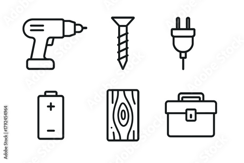 Outline icons of drill, screw, plug, battery, wood, and toolbox