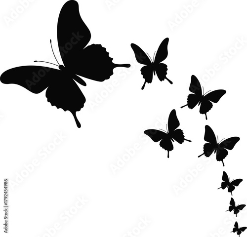 Butterfly silhouettes, flying pattern, ascending motion, black shapes, nature icons, insect illustration, graceful flight, silhouette art, wildlife vector, decorative design