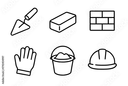 Construction tools and symbols: trowel, brick, wall, glove, bucket, hard hat