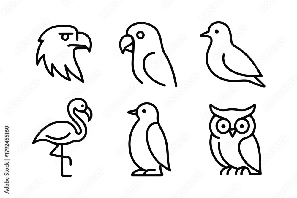 Fototapeta premium Minimalist line art of various bird species in black and white