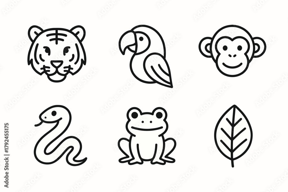 Obraz premium Black and white outline icons of tiger, parrot, monkey, snake, frog, and leaf