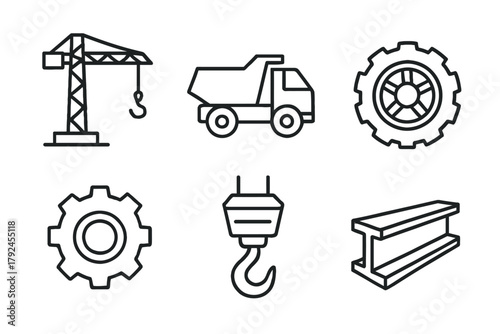 Construction icons: crane, dump truck, gear, hook, steel beam in outline style