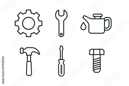 Set of outline icons: gear, wrench, oil can, hammer, screwdriver, bolt