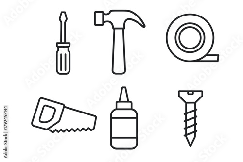 Simple outline icons of toolbox items: hammer, screwdriver, tape, saw, glue, screw