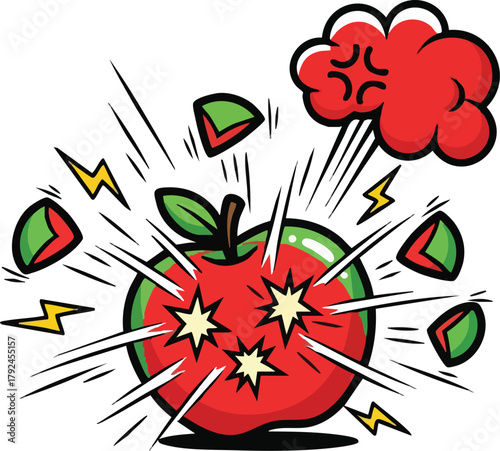 Cartoon Style Red Apple Exploding with Green Slices Flying Outward Lightning Bolts and Angry Cloud