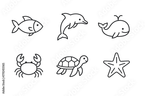Cartoon marine animals collection: fish, dolphin, whale, crab, turtle, starfish