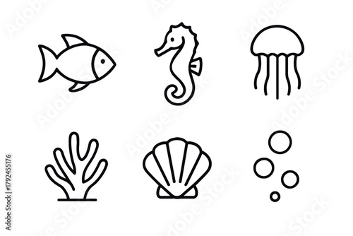 Outline icons of sea creatures and marine elements: fish, seahorse, jellyfish