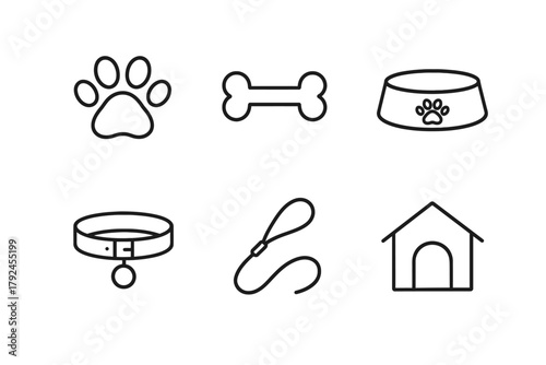 Dog accessories: paw print, bone, bowl, collar, leash, kennel icons