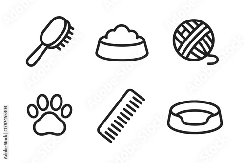 Pet care essentials: brush, bowl, yarn, paw, comb, collar icons