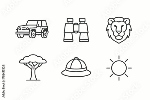Safari adventure icons: car, binoculars, lion, tree, hat, sun line art
