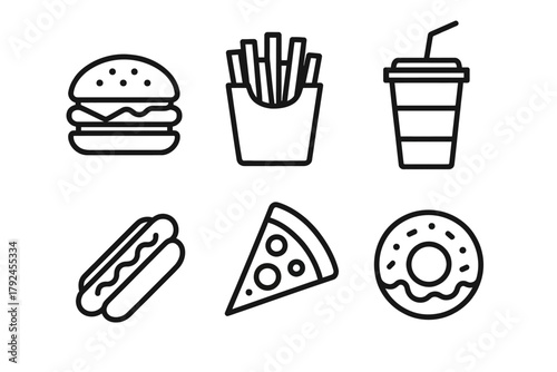 Fast food icons: burger, fries, drink, hot dog, pizza, doughnut illustrations