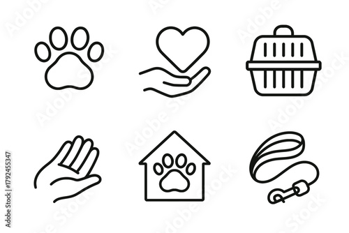 Pet care essentials: icons of paw, heart, carrier, hand, house, leash