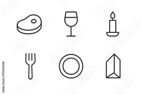 Minimalist dinner icons: steak, wine, candle, fork, plate, napkin