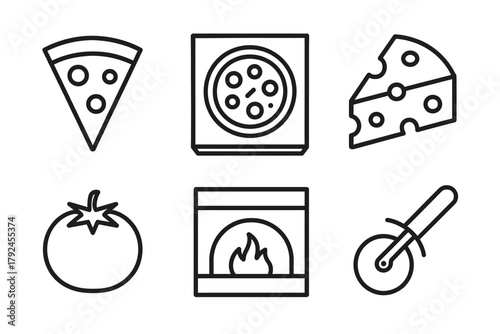 Pizza icons: slice, box, cheese, tomato, oven, cutter line art