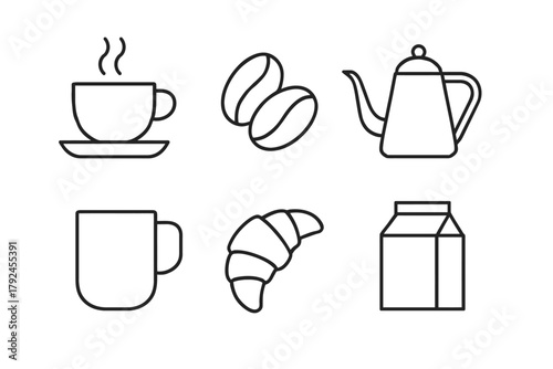 Minimalist icons: coffee cup, beans, pot, mug, croissant, milk carton