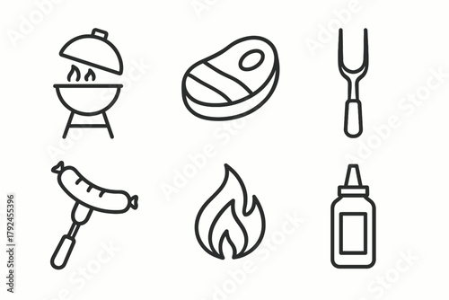 Set of barbecue icons featuring grill, meat, fork, sausage, fire, and bottle
