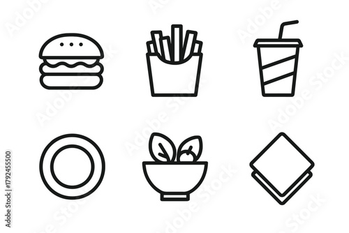 Minimalist fast food icons: burger, fries, drink, plate, salad, napkin