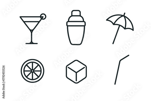 Minimalist cocktail icons set: martini, shaker, umbrella, citrus, ice, straw