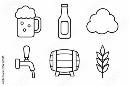 Beer brewing icons: mug, bottle, cloud, tap, barrel, wheat