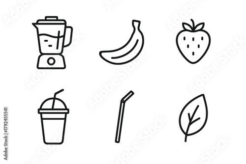Blender and smoothie ingredients: banana, strawberry, and leaf icon set