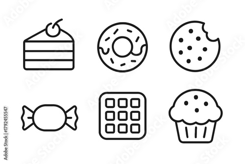 Outline icons of cake, donut, cookie, candy, waffle, and muffin