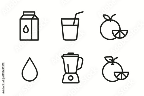 Juice icons: carton, glass, fruit, drop, blender symbols
