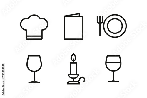 Restaurant icons: chef hat, menu, fork, plate, wine glasses, candle