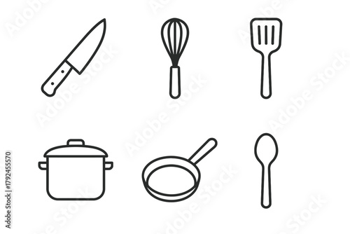 Simple kitchen utensils set: knife, whisk, spatula, pot, pan, spoon icons in black and white