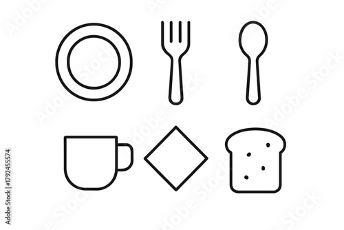 Minimalist breakfast icons: plate, fork, spoon, cup, napkin, and bread