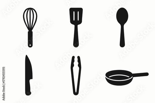 Kitchen utensil icons: whisk, spatula, spoon, knife, tongs, frying pan