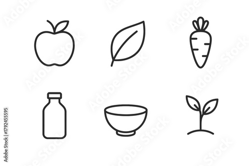 Minimalist icons of apple, leaf, carrot, bottle, bowl, germinating seed