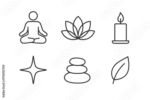 Minimalist icons for meditation and wellness: yoga, lotus, candle, star, stones, leaf
