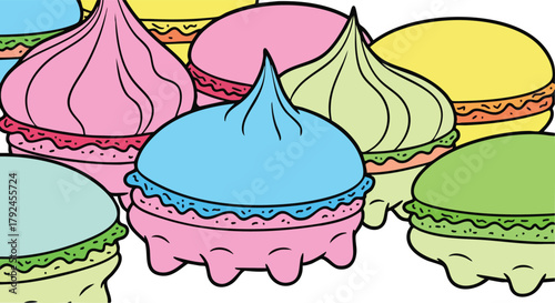 Collection of colorful meringue cookies with pastel frosting and delicate details on a white background