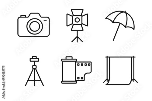 Photography equipment icons: camera, lighting, umbrella, tripod, film, backdrop