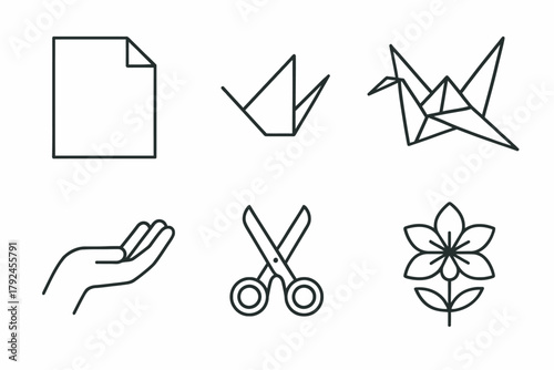 Origami symbols: paper, crane, hand, scissors, flower line art